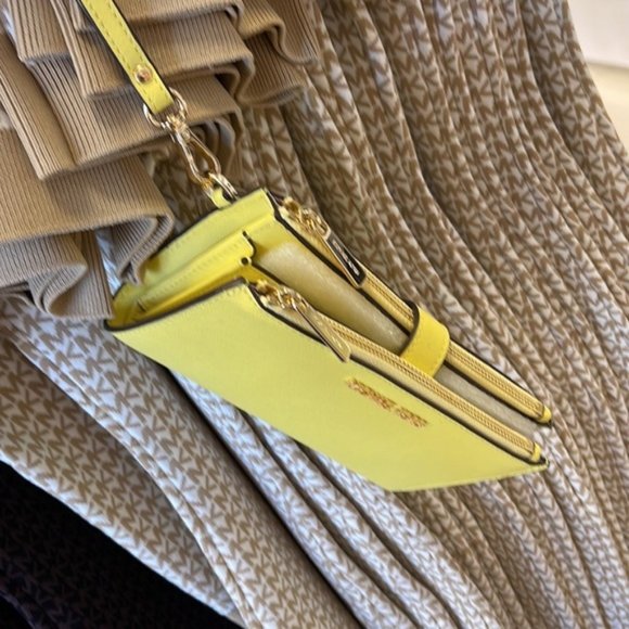 Michael Kors Jet Set Travel Large Double Zip Leather Wristlet Sunshine Yellow - Picture 6 of 16